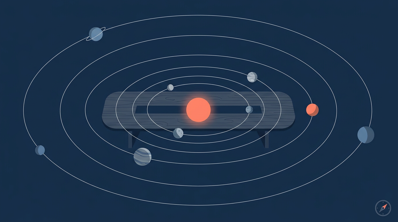 Minimal editorial illustration of planets orbiting a boardroom table like a sun, navy with coral accent